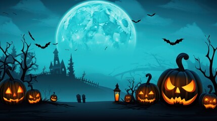 Fototapeta premium Halloween Pumpkins Framing Distant Castle Under Moon