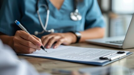 Expert Medical Professional Completing Patient Form on Clipboard Laptop Nearby Healthcare Documentation and Patient Care Concept