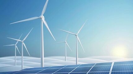 Renewable energy landscape with wind turbines and solar panels, symbolizing sustainability and green energy, under a clear blue sky, flat design illustration