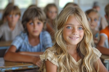 Obraz premium Back to school, students are happy to be back at school, a girl is sitting at their desks in class. Generative AI
