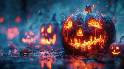 Fototapeta premium Spooky Halloween Banner: Glowing Fire Text and Sinister Pumpkins