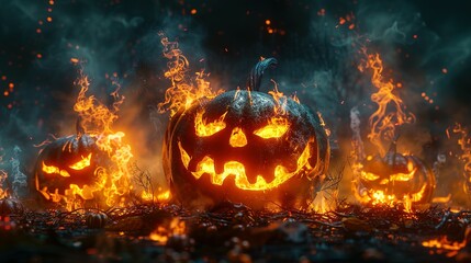 Fototapeta premium Halloween Banner Featuring Glowing Fire Text and Spooky Pumpkins