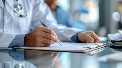 Empathetic Doctor Taking Notes Compassionate Patient Care in Modern Medical Setting