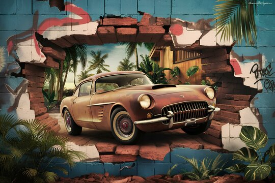 Fototapeta 3d wallpaper design with a vintage classic car driving through a broken wall old automobile aged art style of nostalgia transportation vehicle