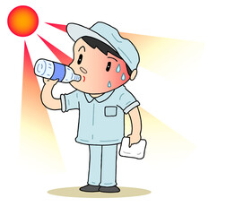 熱中症のイラスト - 屋外作業・熱中症対策・水分補給・経口補水液