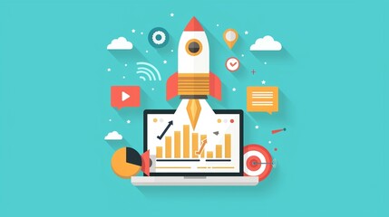 Utilization of digital marketing strategies by a startup, demonstrating practical application and successful implementation in a competitive market, flat design illustration