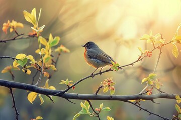 Obraz premium Small bird perches on a branch covered in spring flowers at sunset