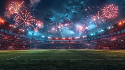 Electric Atmosphere Soccer Stadium Alive with Cheers and Fireworks Perfect for Sports and Celebration Themes