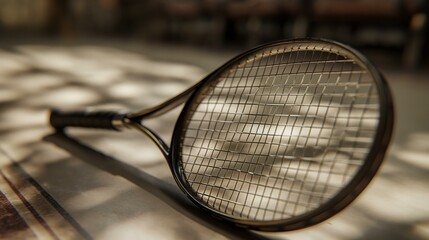 Close-up of a tennis racket on a sunlit court, casting shadows through the strings.