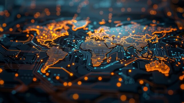 Global Connectivity World Map Fusion with Circuit Board Technology HighRes Digital Infrastructure Concept on Canon EOS R5