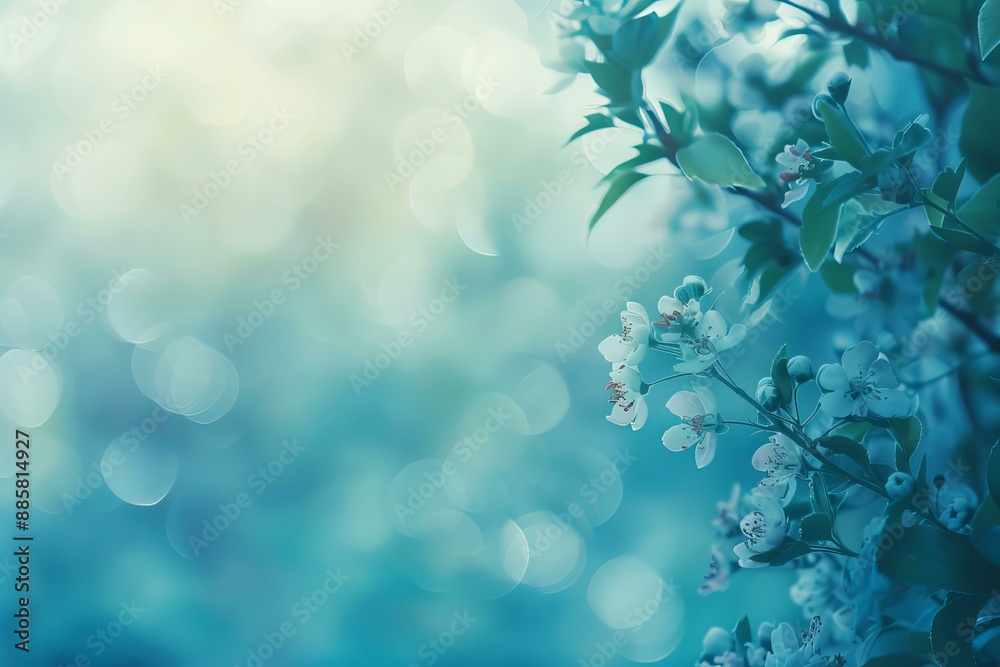 Wall mural blooming apple tree branch on turquoise background with bokeh effect