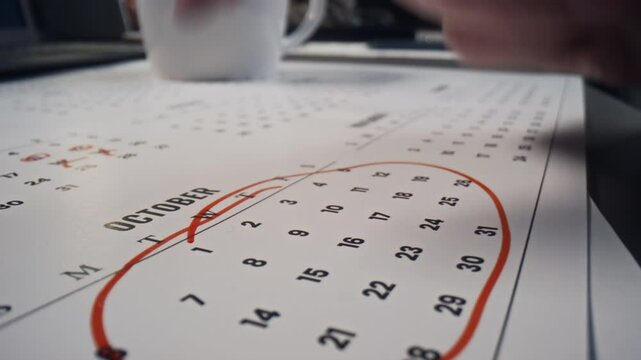 Macro shot of hands of unrecognizable businessman circling October month on calendar with red marker at office desk while planning event or deadline
