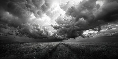 A black and white image of a stormy sky over a field of wheat. AI.