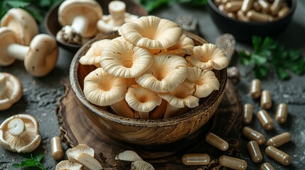 Overhead View of Lion's Mane Fungus and Dietary Supplements