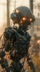 A robot soldier stands guard in a post-apocalyptic world. AI.