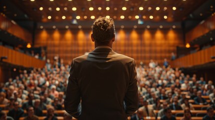 Obraz premium Empowering Motivational Speaker Inspiring a Captivated Audience in Contemporary Conference Setting Canon EOS R5 Photography