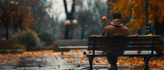 Obraz premium A man sits on a park bench in the rain, holding a single rose. AI.