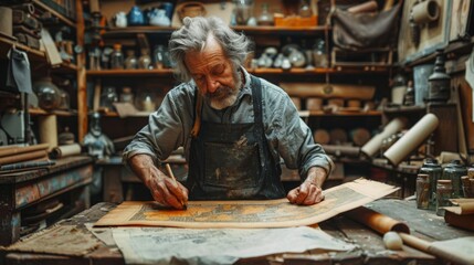 An Elderly Man Working on a Detailed Map in a Cluttered Workshop