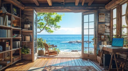 Fototapeta premium Seaside Serenity Inspiring Ocean View Home Office with Rustic Charm Canon EOS R5
