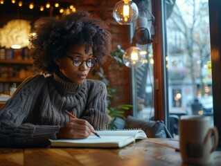 A young woman writing in her journal. AI.