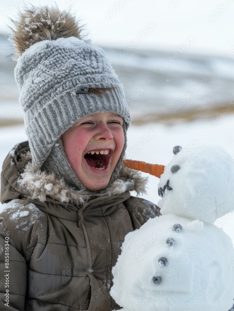 Canvas Prints Boy is very happy with his snowman. AI.