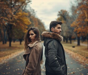 Fototapeta premium A man and a woman stand back-to-back in an autumn park. AI.