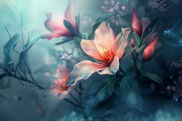 Large flower is blooming in a magical forest, radiating beauty and serenity
