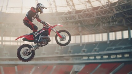 Naklejka premium Motocross Rider in Mid-Air During Stadium Competition