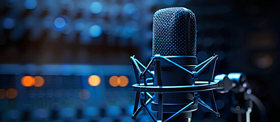 Dark blue background in a professional studio microphone capturing voice with audio waveform; perfect for recording studio, broadcasting, or podcasting with copy space