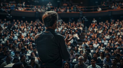 Captivating Speaker Inspiring Address to Engaged Audience in Packed Conference Hall Canon EOS R5 Style