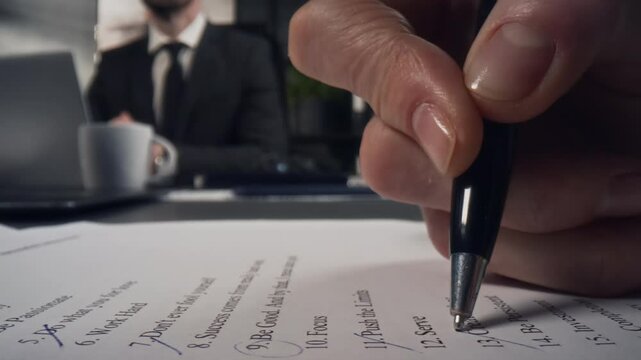 Extreme close-up view of hands of unrecognizable businesswoman circling and crossing out pints of list printed on paper while proofreading documents at office workplace