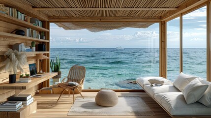 Obraz premium Seaside Serenity Inspiring Home Office with Ocean View Wooden Desk and Natural Light Canon EOS R5