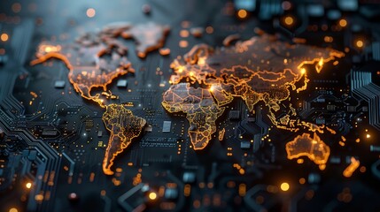 Global Connectivity Illuminated World Map on HighTech Circuit Board Canon EOS R5 Photography