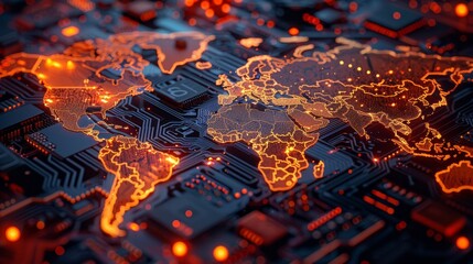 Global Connectivity Illuminated Circuit Board World Map Capturing the Technological Essence of a Connected World with Canon EOS R5