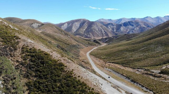 aerial panorama of porters pass in canterbury, new zealand south island; state highway 73 connecting westland with Christchurch; mountain pass in Southern Alps