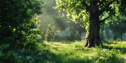 Obraz premium Natural dorest of woods with sunbeams through fog and leaves branch create mystic atmosphere. natural green beech forest in the morning light. busy forest with wood tree