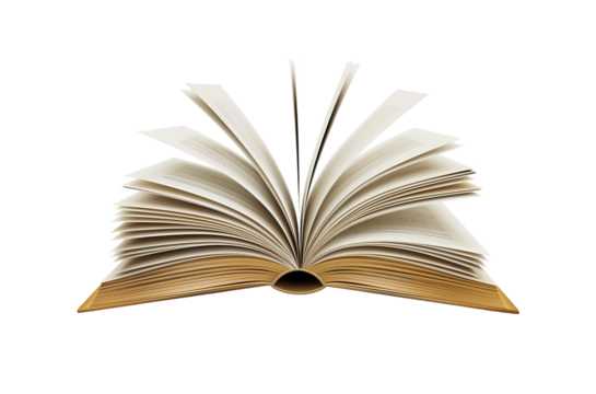 Open book, flipping pages. Side view, isolated on transparent background.