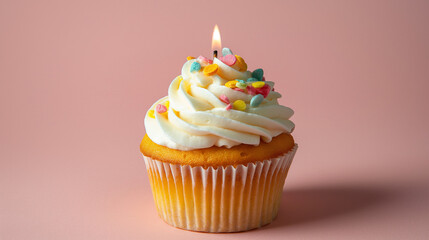 Celebratory Cupcake: pastel Frosted Delight with Single Candle, isolated on color background, copy space
