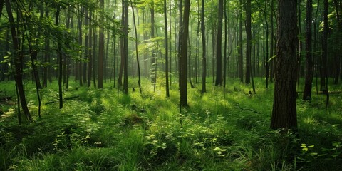 Fototapeta premium Natural dorest of woods with sunbeams through fog and leaves branch create mystic atmosphere. natural green beech forest in the morning light. busy forest with wood tree