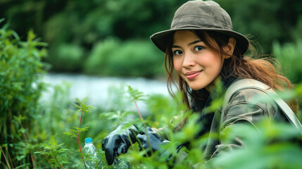 Young woman cleaning up a green field with gloves and a plastic bottle