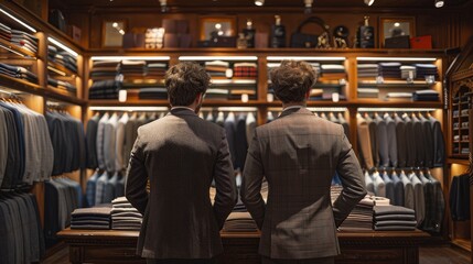 Fototapeta premium Luxury Men's Fashion Shopping Experience Sophisticated Suits and Accessories in HighEnd Store
