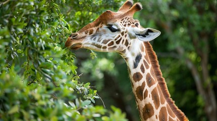 Giraffe Eating Leaves: A giraffe reaching up to eat leaves from a tree
