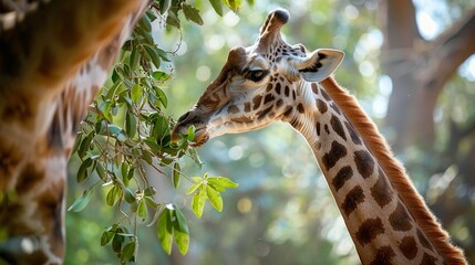 Obraz premium Giraffe Eating Leaves: A giraffe reaching up to eat leaves from a tree