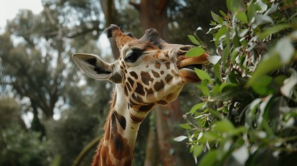 Obraz premium Giraffe Eating Leaves: A giraffe reaching up to eat leaves from a tree