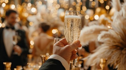 Elegant 1920s-themed party, guests in flapper dresses and tuxedos, art deco motifs and lavish decorations, capturing the opulence of the Roaring Twenties