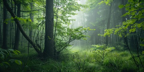 Obraz premium Natural dorest of woods with sunbeams through fog and leaves branch create mystic atmosphere. natural green beech forest in the morning light. busy forest with wood tree