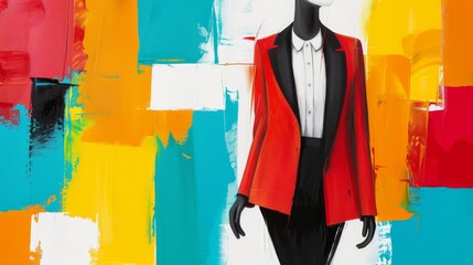 Elegant figure dressed in a trim, sophisticated outfit, set against an expressionistic background of vibrant, abstract colors and bold brushstrokes