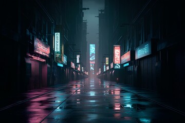 dark street in cyberpunk city, gloomy alley with neon lighting japan and china building view in rain overcast dramatic scene empty way