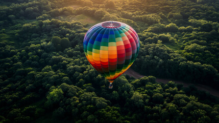 hot air balloon floating above a lush green landscape. The balloon is multicolored, with stripes of red, orange, yellow, green, blue, and purple. Below the balloon, the landscape is dense with trees