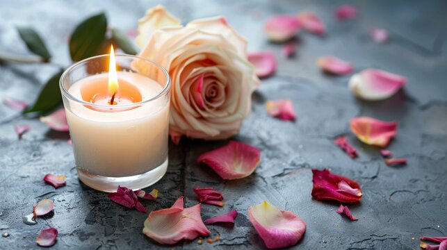 beautiful lit candle with flowers